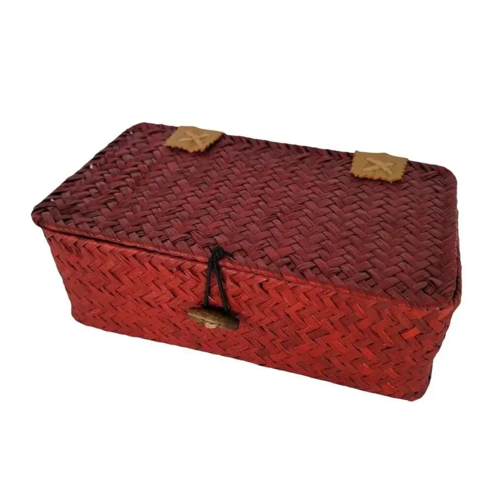 Vintage Wicker Storage Box with Lid Red Woven Keepsake Memory Box Home Decor